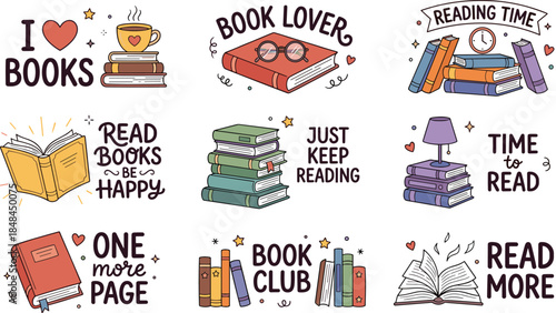 Set of cute hand drawn book lover stickers with reading quotes suitable for education library literature and study design elements (20 words)