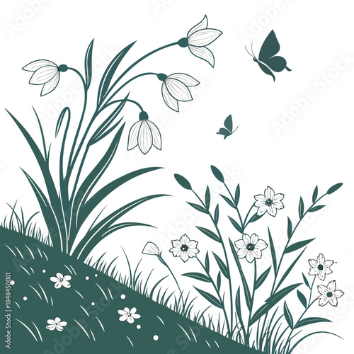White flowers and green grass with butterfly on white background