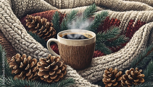 Cozy winter scene with steaming coffee mug on knitted blanket