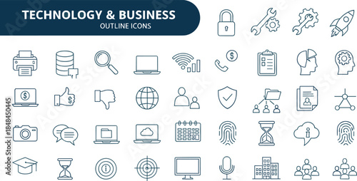Comprehensive set of dark blue outline icons for technology and business featuring data security cloud computing financial analytics and corporate communication concepts