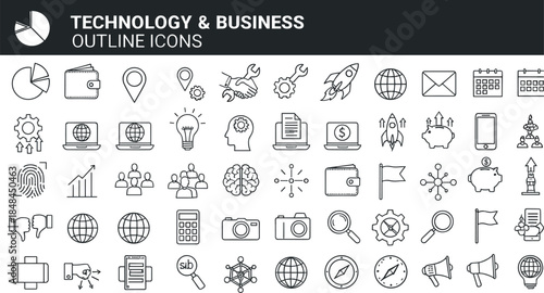 Comprehensive set of 50 black outline icons for technology and business including finance data analytics global communication and creative brainstorming concepts