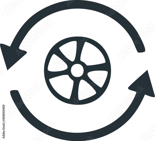 Graphic icon symbolizing automotive wheel rotation, maintenance cycle, or a continuous update process for vehicle components, depicted with a tire rim inside a circular arrow