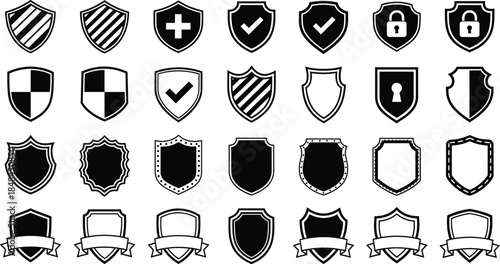 Set of security shield icons with lock check mark and ribbon elements for web interface data protection and safety.
