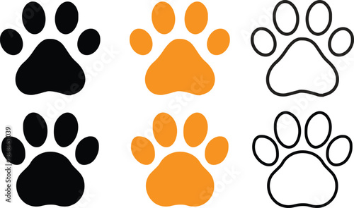 featuring six clean pet paw prints, one outlined and one solid black, for animal themes.