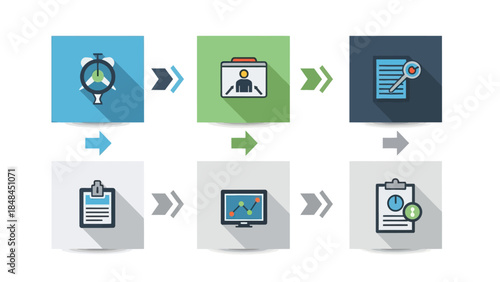 Workflow process with icons and arrows on a white background
