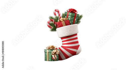 Christmas stocking filled with wrapped gift boxes candy canes and pine branches festive holiday decoration isolated on white background