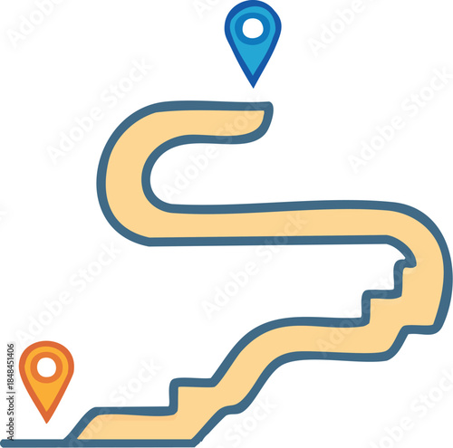 Navigational path showing a route with two distinct marker pins, illustrating a journey or destination