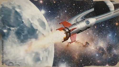 Wallpaper Mural Vintage Rocket Blasting Off into Space with Earth and Stars in Background. Torontodigital.ca