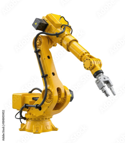 Yellow industrial robotic arm with gripper transparent background cutout png