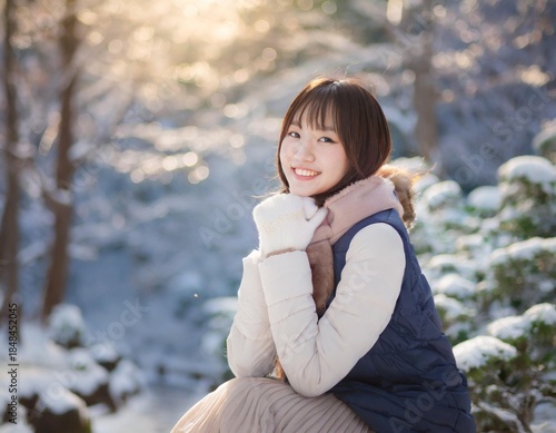 冬の公園でリラックスする女性