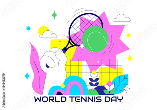World Tennis Day Vector Illustration on March 2 Featuring Racket and Ball on Court During Sports Match in Flat Style Cartoon Background