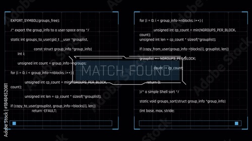 Digital interface displaying code and match found notification.