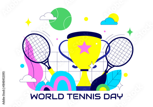 World Tennis Day Vector Illustration on March 2 Featuring Racket and Ball on Court During Sports Match in Flat Style Cartoon Background