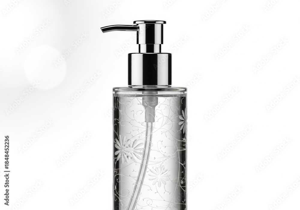 Obraz premium Elegant clear glass pump bottle with floral pattern and silver dispenser
