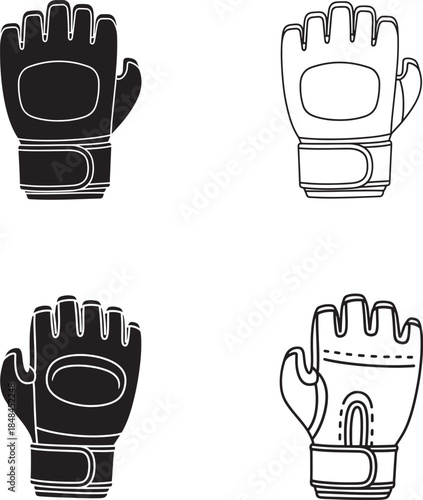 Line drawings of four different views of a motorcycle glove in line art and silhouette style