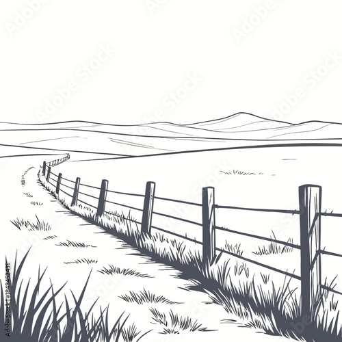 Monochrome prairie landscape with old wooden fence and rolling hills