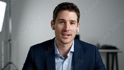 A young businessman in a suit and earbuds smiles during a studio interview
