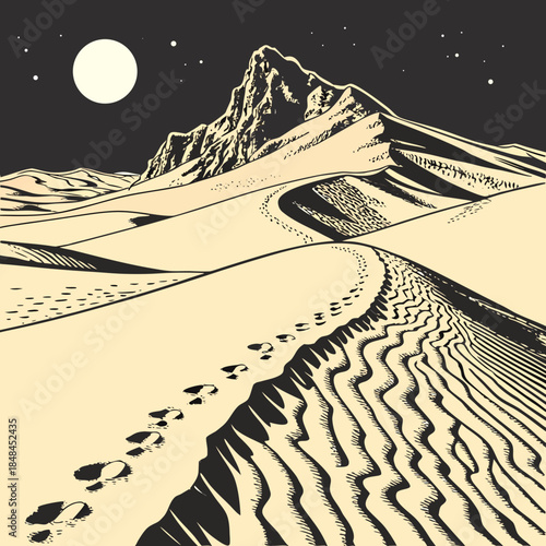 Desert ridge with moonlight glow and footprints in sand