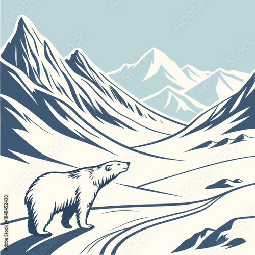 Polar bear standing on arctic ridge with snow covered mountains