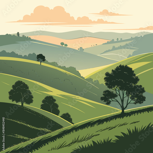 Rolling hills with trees and sunset background green hills