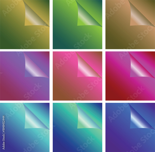 A visual grid of nine colorful gradient squares with elegant curled page corners