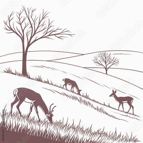 Deer grazing on rolling hills with bare trees minimalist