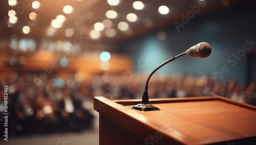 A wooden podium with a microphone in a crowded auditorium.