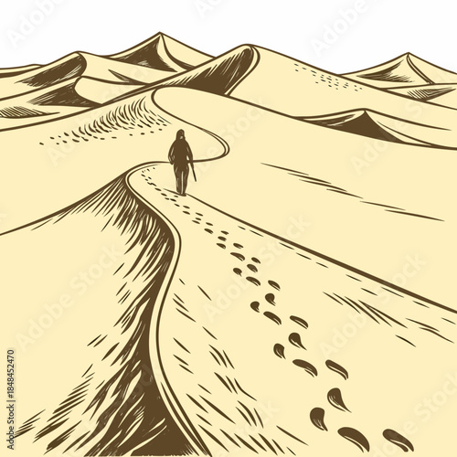 Desert dunes with footprints and a person walking sand