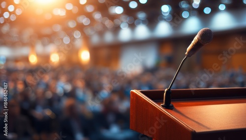 A wooden podium with a microphone in a crowded auditorium.