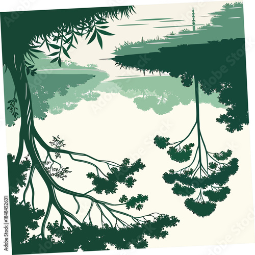 Rainforest lagoon with reflections and trees green