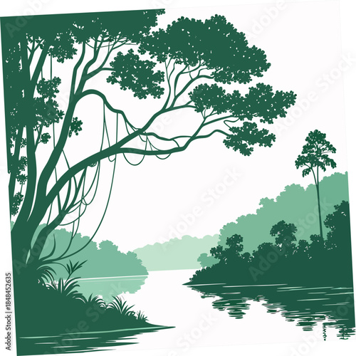 Rainforest lagoon with reflections and trees water