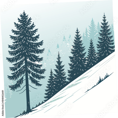 Snowy slope with pine forest winter landscape evergreen trees