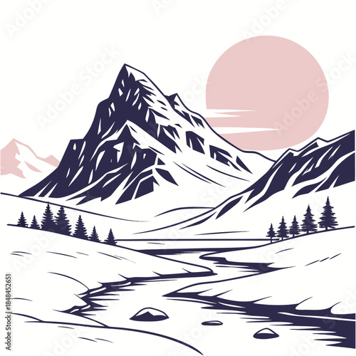 Arctic mountain ridge at pink twilight with stream and trees