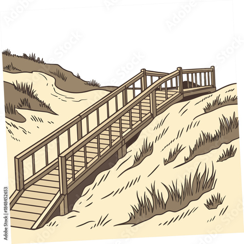 Wooden boardwalk on sandy coastal dunes with grass