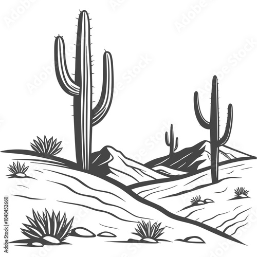 Desert plateau with tall cacti and sandy dunes cactus