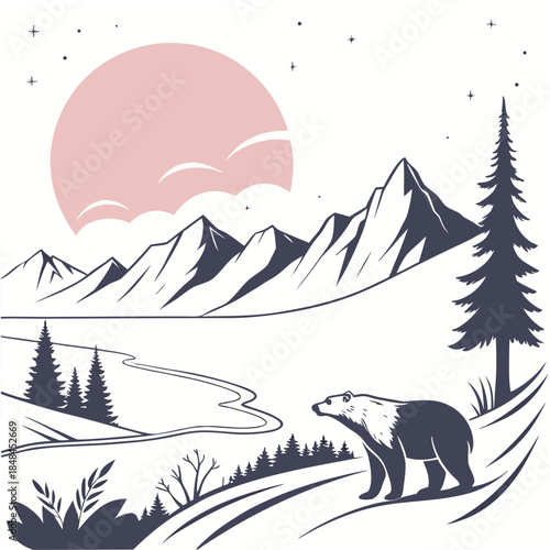 Arctic ridge landscape with polar bear under pink twilight