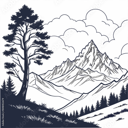 Mountain range with cloudy peaks and tree silhouettes