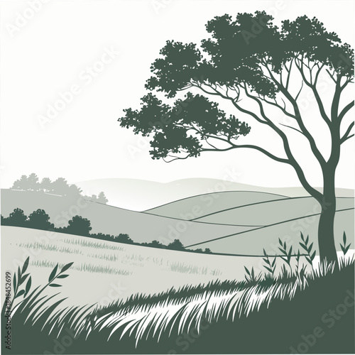 Serene prairie landscape with tree and rolling hills