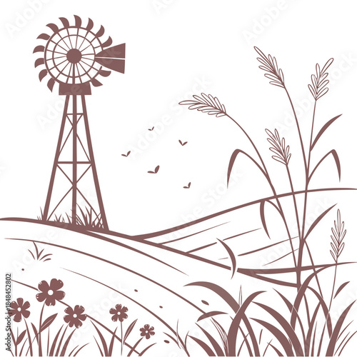 Minimalist brown windmill in a meadow with flowers and grass