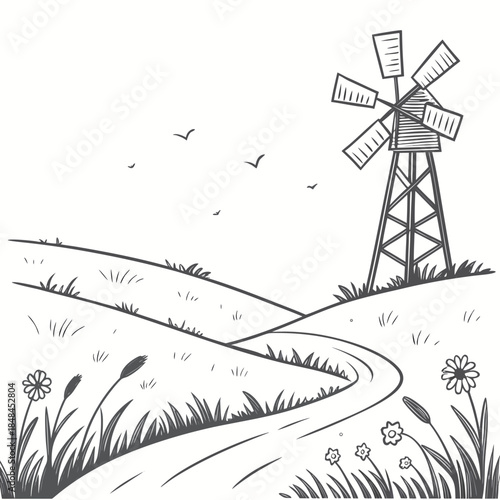 Minimalist of a wooden windmill in a meadow grass