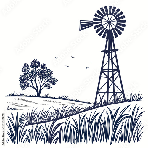 Minimalist of a wooden windmill in a meadow tree