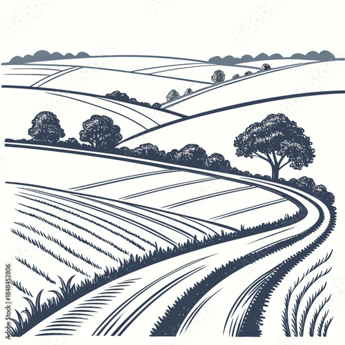 Rolling farmland with curved terraces and trees rolling hills