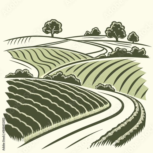 Rolling green farmland with curved terraces and trees