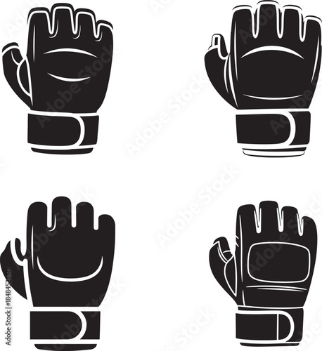 Four black silhouette gloves facing different directions
