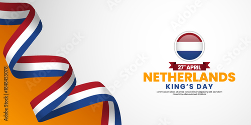 Netherlands kings day banner background design element with waving ribbon flag
