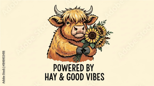 Adorable Highland cow holding sunflower bouquet with funny "Powered By Hay & Good Vibes" quote vector illustration