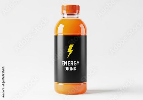 Isolated orange energy drink bottle with yellow lightning bolt label.
