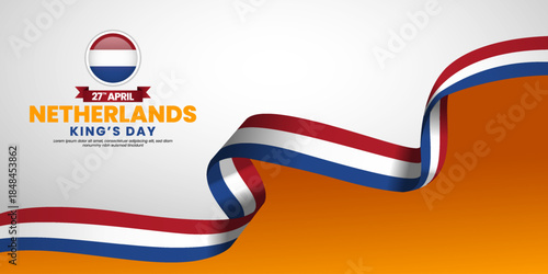 Netherlands kings day banner background design element with waving ribbon flag