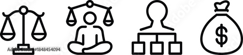 Minimalist Line Art Vector Icon Set Featuring a Legal Scale of Justice, a Person Balancing Scales, a Corporate Hierarchy Chart, and a Money Bag.