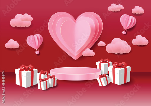 3D Valentine Heart Podium with Gift Boxes, Balloons and Clouds on Red Background